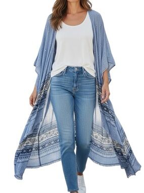 American Eagle Raw Fray Light Blue Patterned Duster Kimono One Size